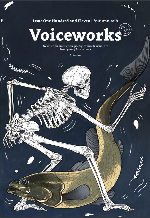 A skeleton poses as a fish swims between its legs. The title reads VOICEWORKS