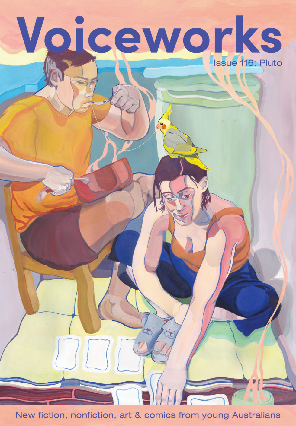 the cover of this issue features two people - one is reading tarot, the other is eating a liquid from a steaming pot. The fumes from a mug rises up and around the characters